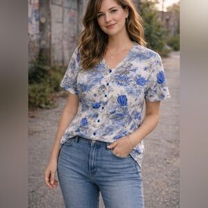 Vintage BBW‎ women’s floral button front top v-neck blue white short sleeves